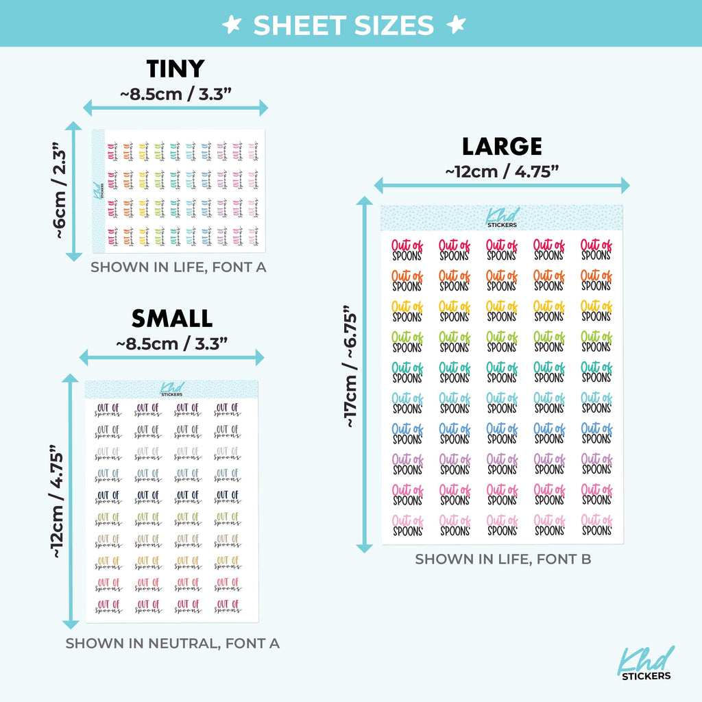 Out Of Spoons Planner Stickers, Three Sizes including tiny, Removable