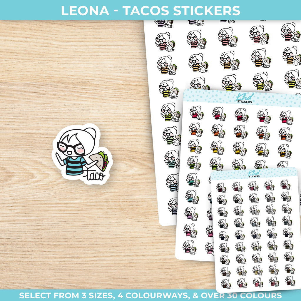 Planner Girl Leona eating Tacos, Planner Stickers, 3 sizes including tiny, Removable