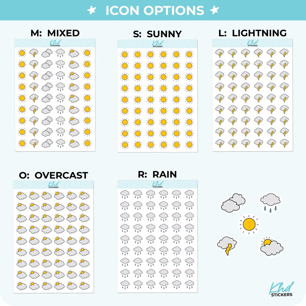 Weather Icon Planner Stickers, Three Sizes including tiny, Removable