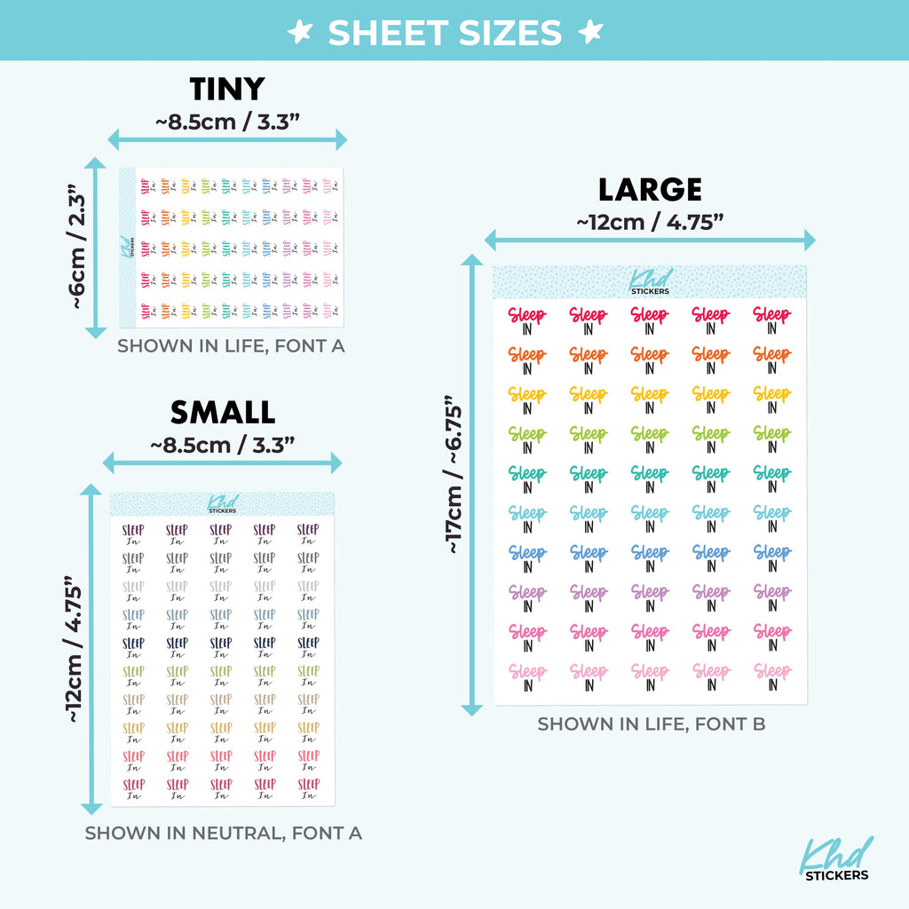 Sleep In Planner Stickers, Three Sizes including tiny, Removable