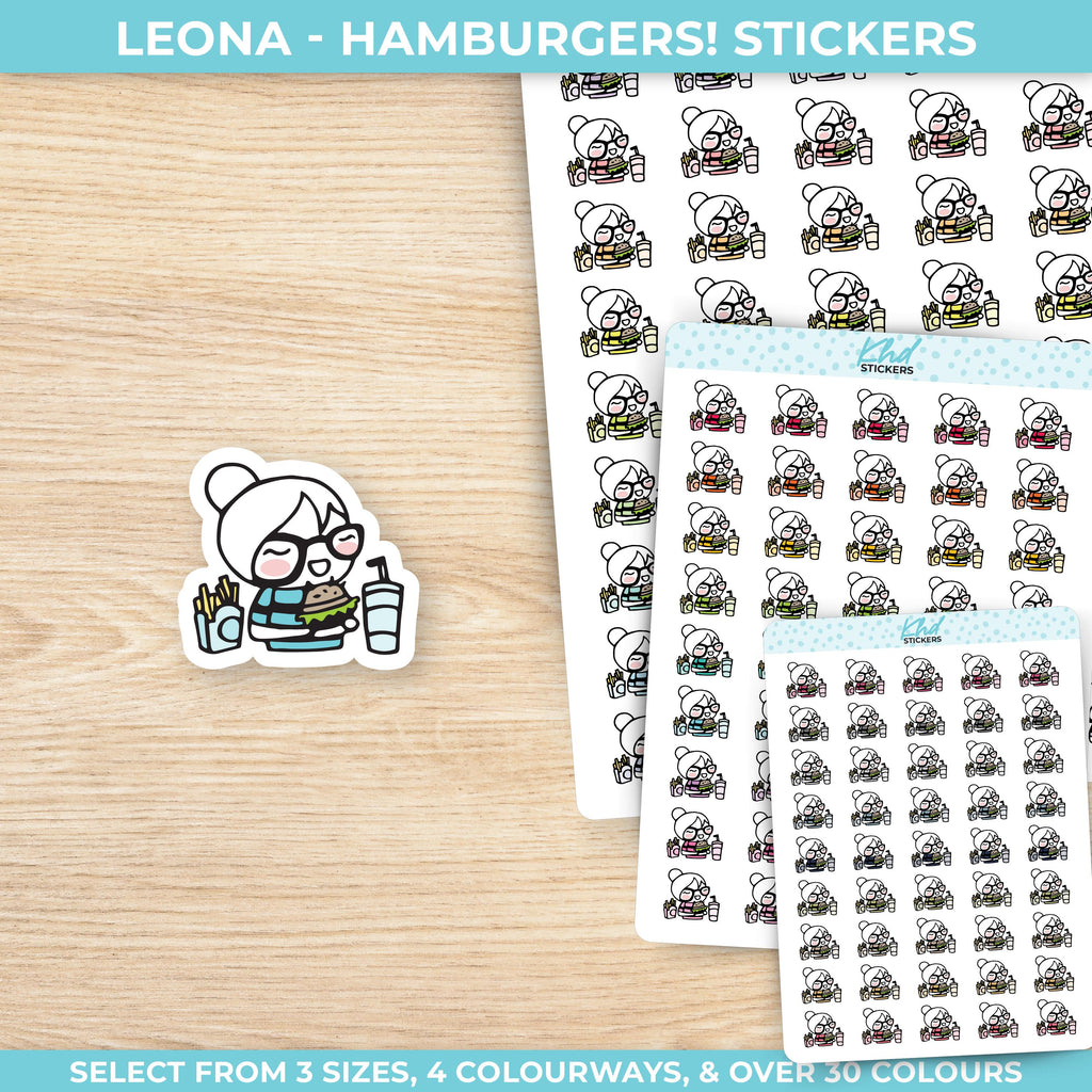 Planner Girl Leona with a Hamburger, Planner Stickers, 3 sizes including tiny, Removable