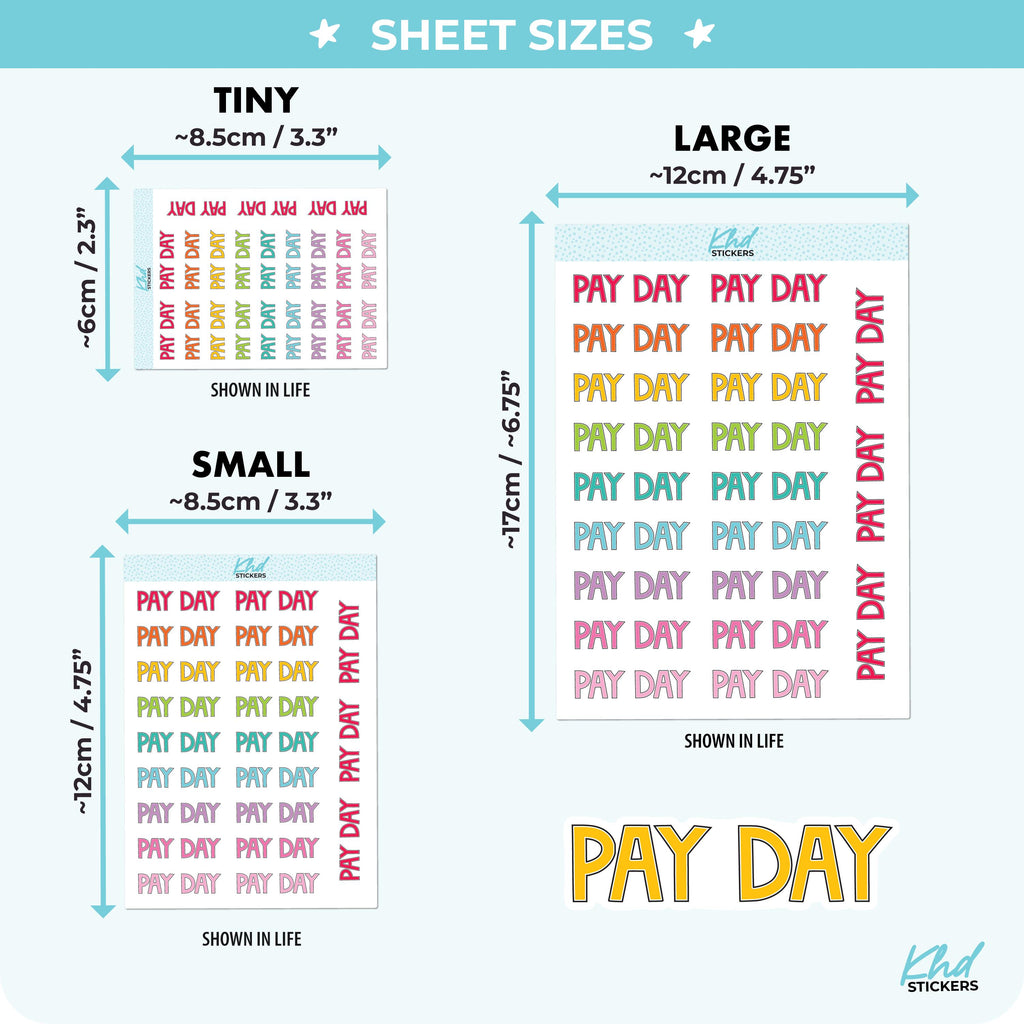 Pay Day Planner Stickers, Block Script, Three Sizes including tiny, Removable