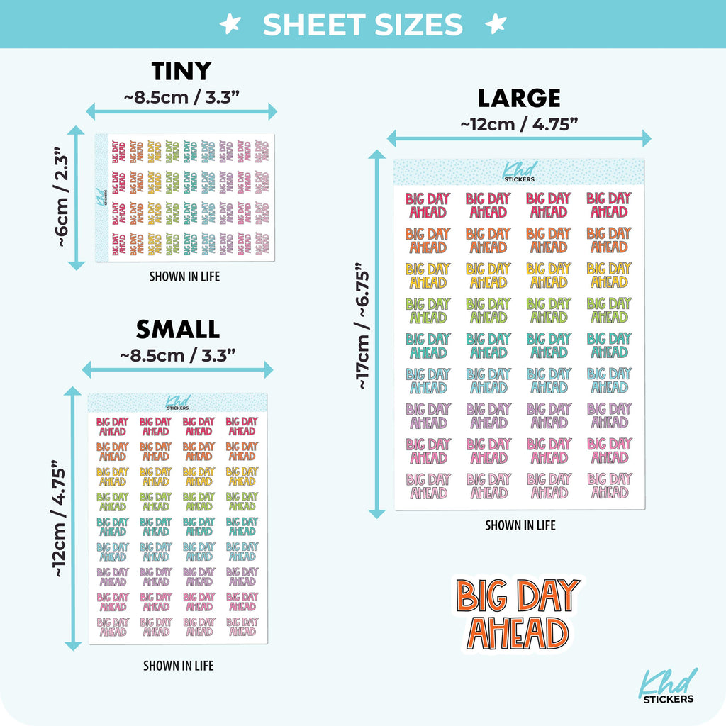 Big Day Ahead Planner Stickers, Block Script, Three Sizes including tiny, Removable