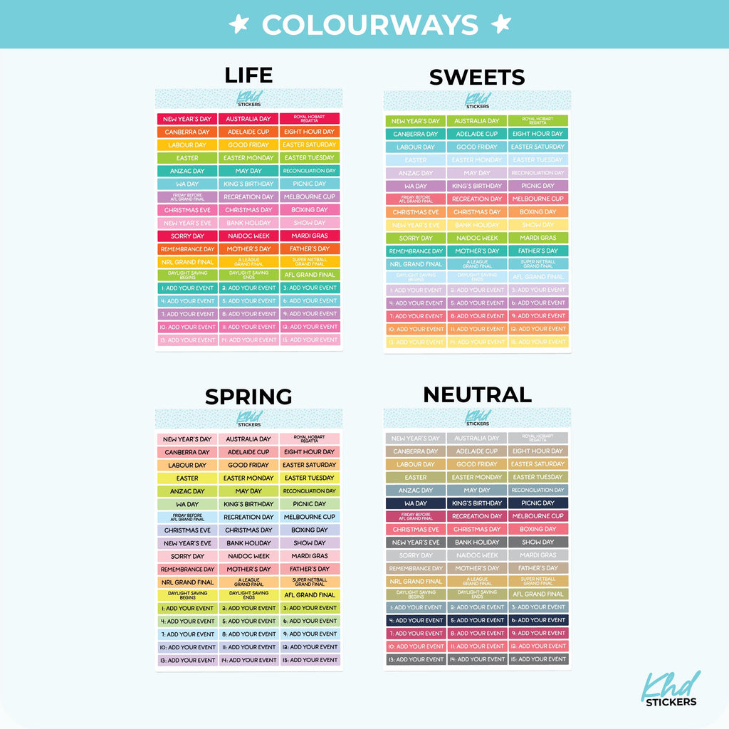 Design Your Own Australian Events and Public Holidays, Planner Stickers.