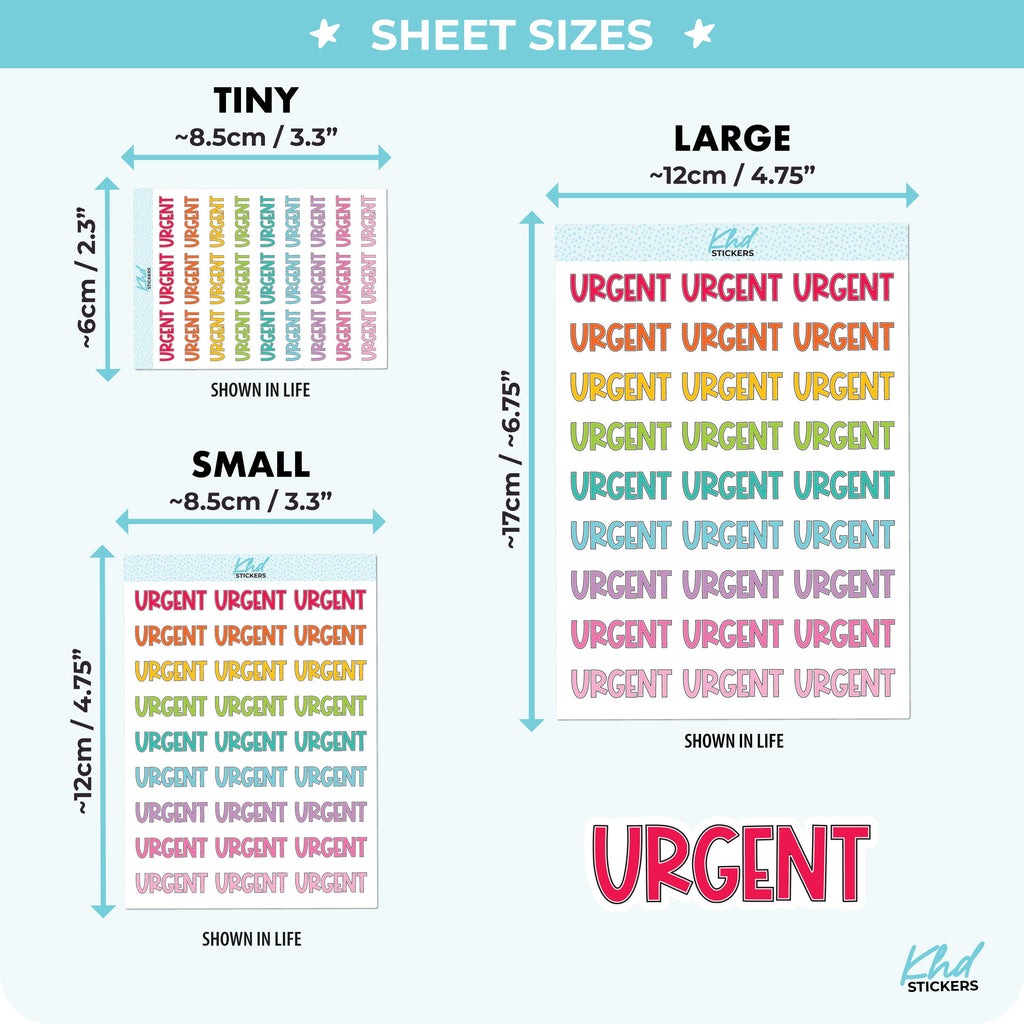 Urgent Planner Stickers, Block Script, Three Sizes including tiny, Removable