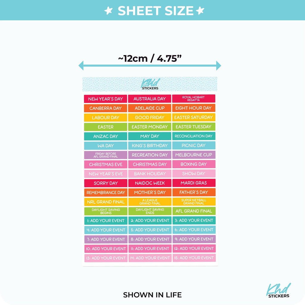 Design Your Own Australian Events and Public Holidays, Planner Stickers.