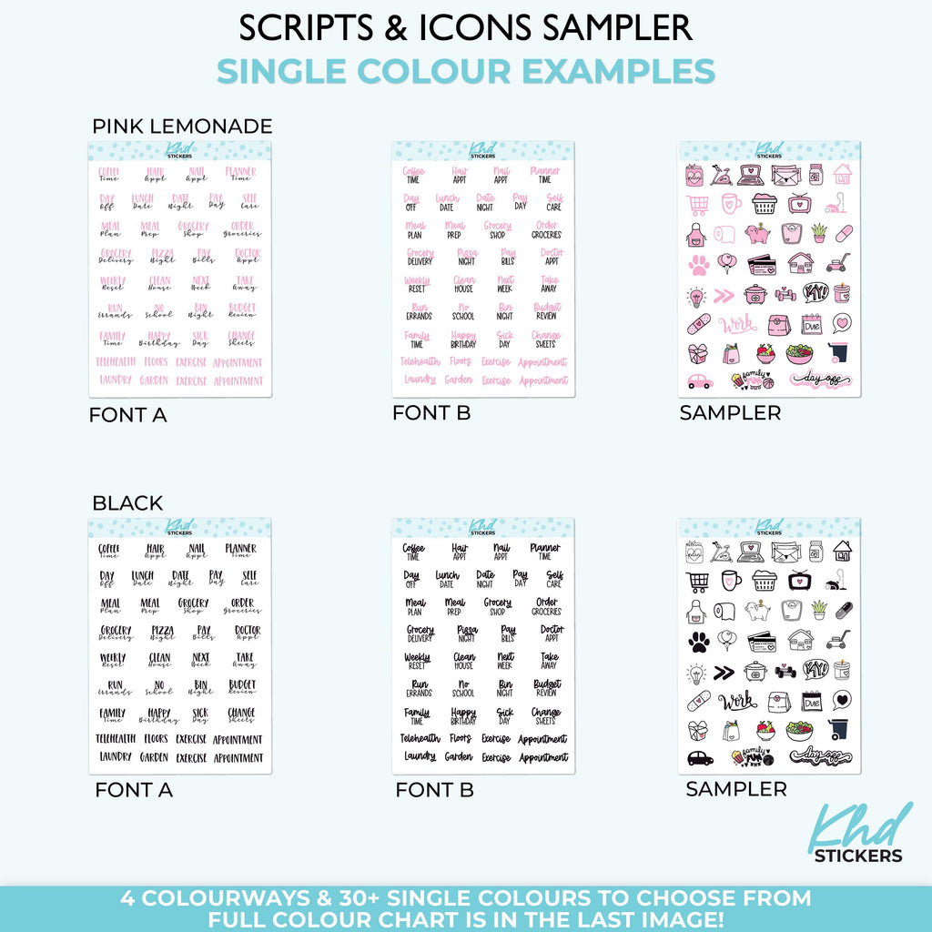 Scripts & Icon Sampler Planner Stickers, Two Fonts, Three Sizes including tiny, Removable