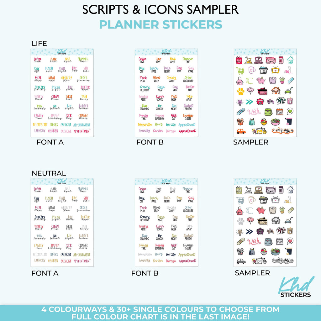 Scripts & Icon Sampler Planner Stickers, Two Fonts, Three Sizes including tiny, Removable