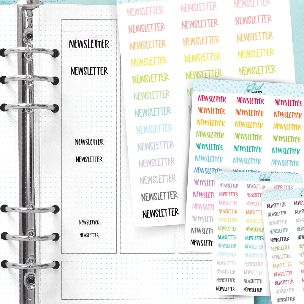 Newsletter Planner Stickers, Select from 2 fonts & 3 sizes, Script Planner Stickers, removable