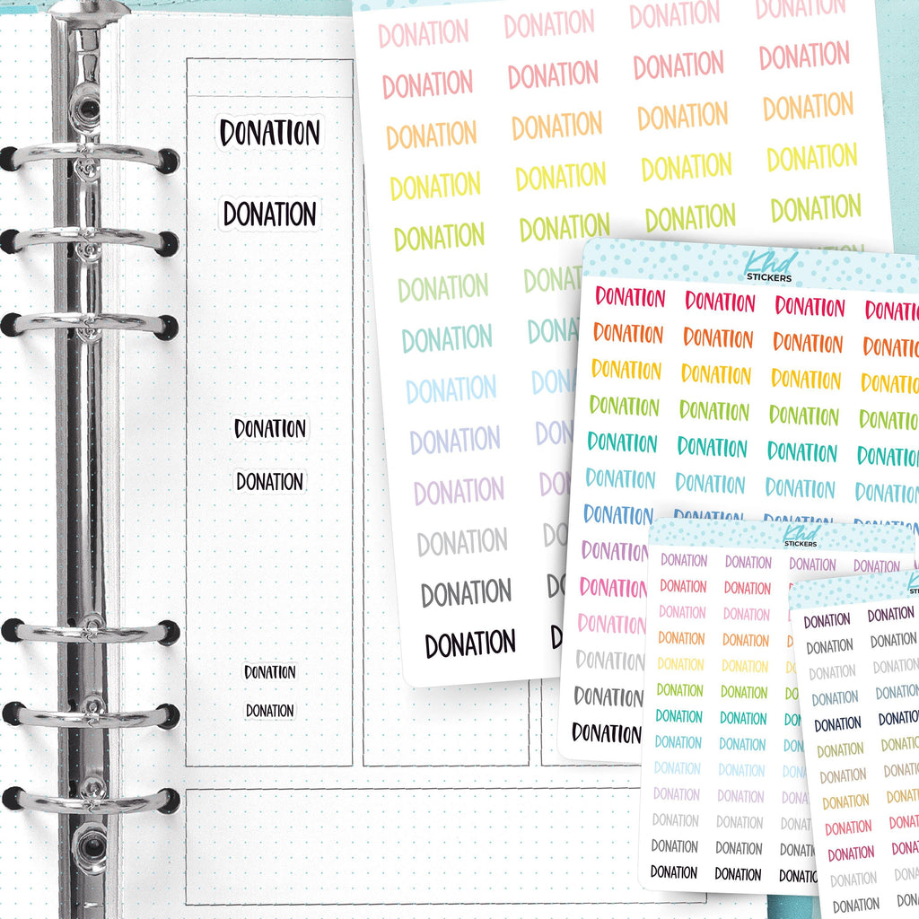 Donation Planner Stickers, Select from 2 fonts & 3 sizes, Script Planner Stickers, removable