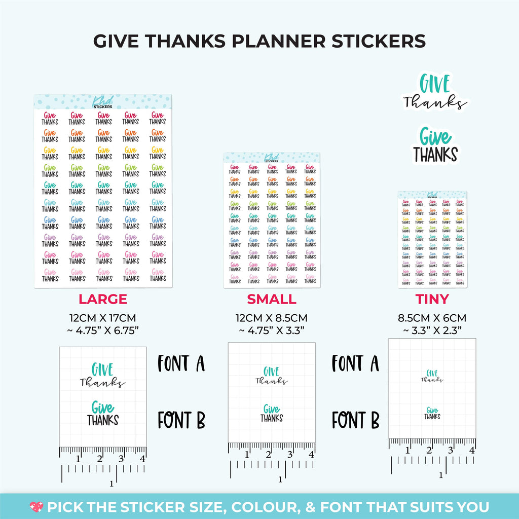 Give Thanks Planner Stickers, Three Sizes including tiny, Removable