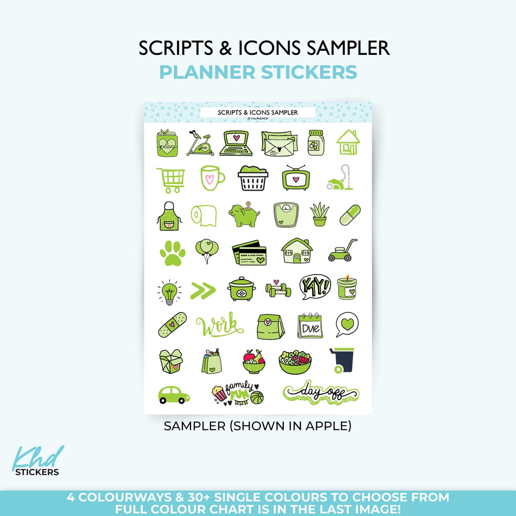 Scripts & Icon Sampler Planner Stickers, Two Fonts, Three Sizes including tiny, Removable