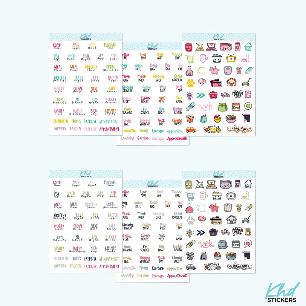 Scripts & Icon Sampler Planner Stickers, Two Fonts, Three Sizes including tiny, Removable