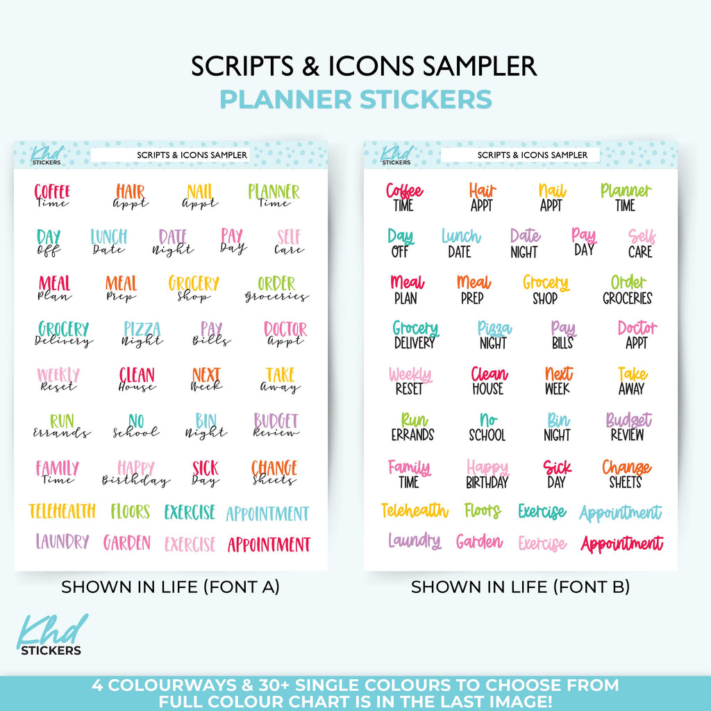 Scripts & Icon Sampler Planner Stickers, Two Fonts, Three Sizes including tiny, Removable