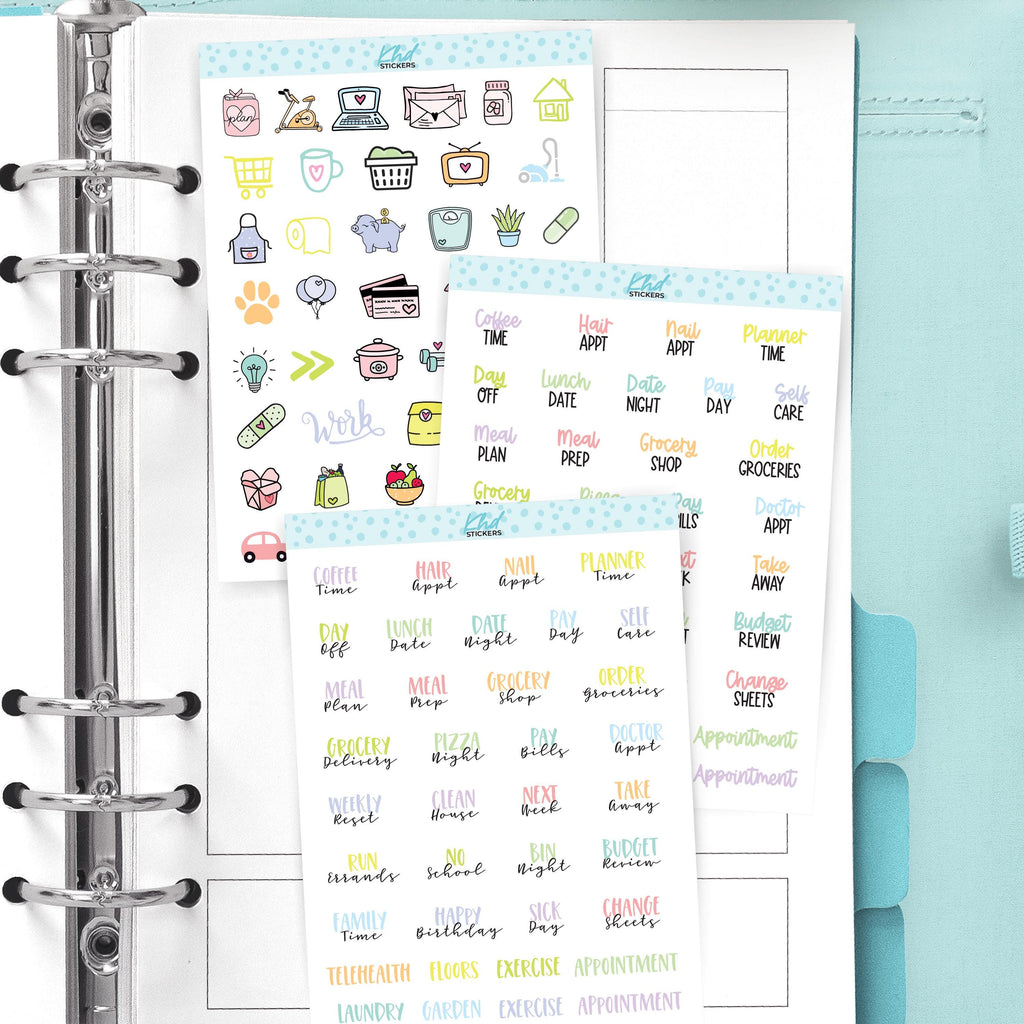 Scripts & Icon Sampler Planner Stickers, Two Fonts, Three Sizes including tiny, Removable
