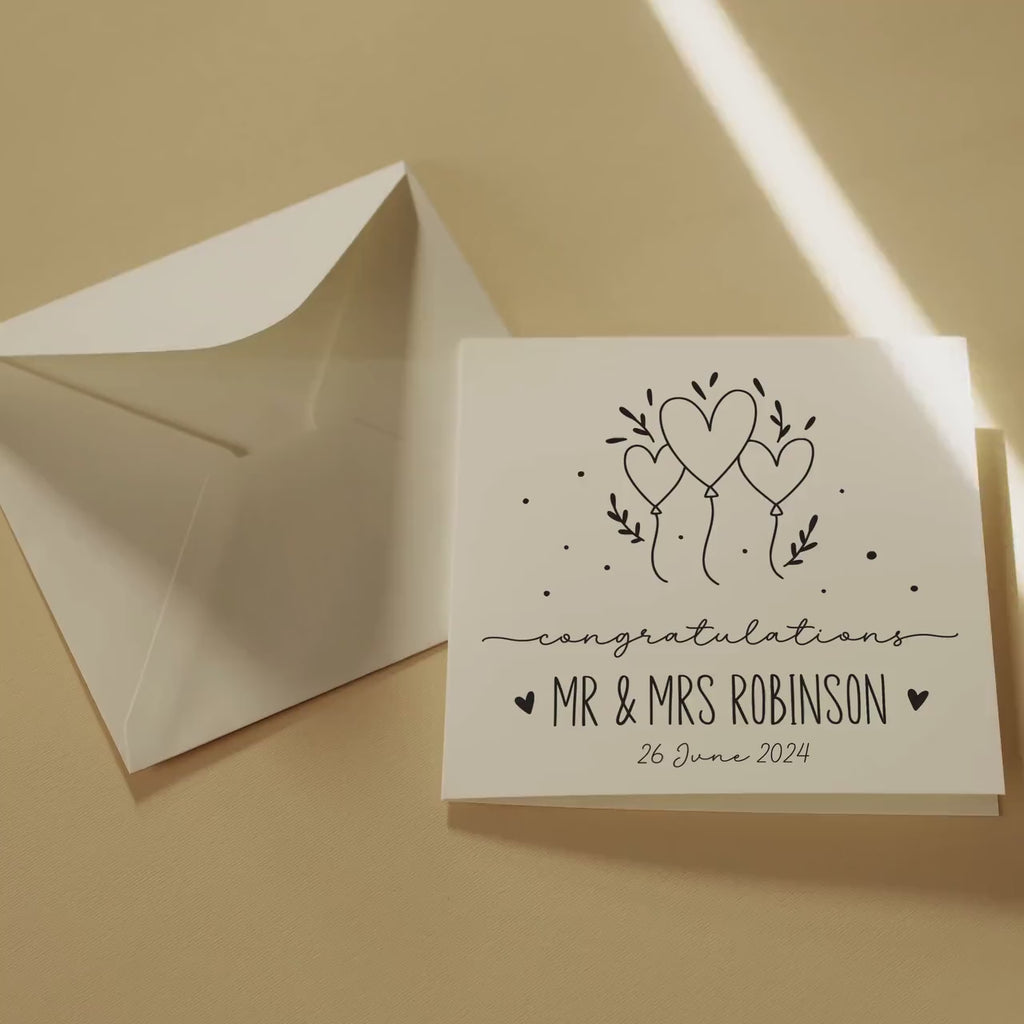 Personalised Wedding Greeting Card with cute balloons, Customised, Black and White Square Card