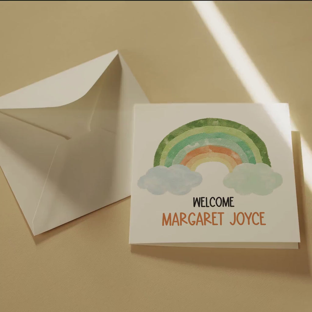 Personalised Rainbow Welcome New Born Card, New Baby Greeting Card, Customised