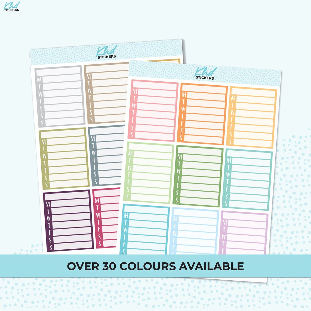 Weekly Sidebar Full Box Stickers,  Planner Stickers,  To suit 1.5" wide column planners and others