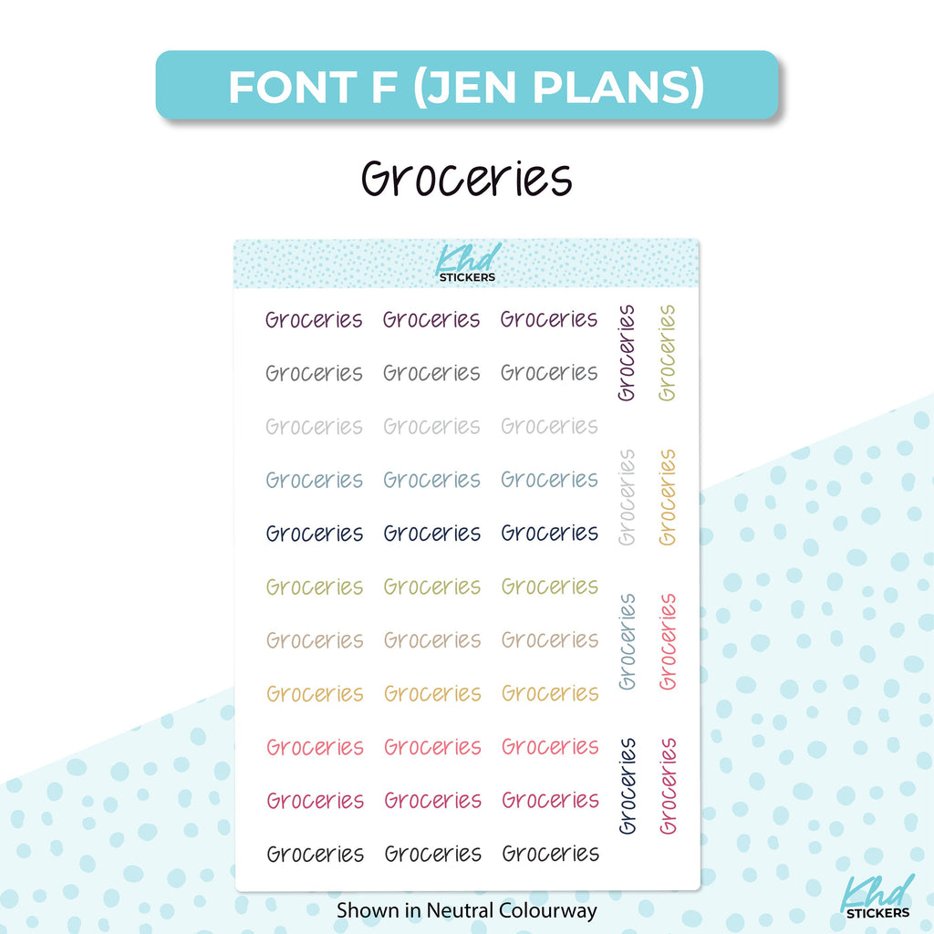 Groceries Stickers, Script Planner Stickers, Select from 6 fonts & 2 sizes, Removable